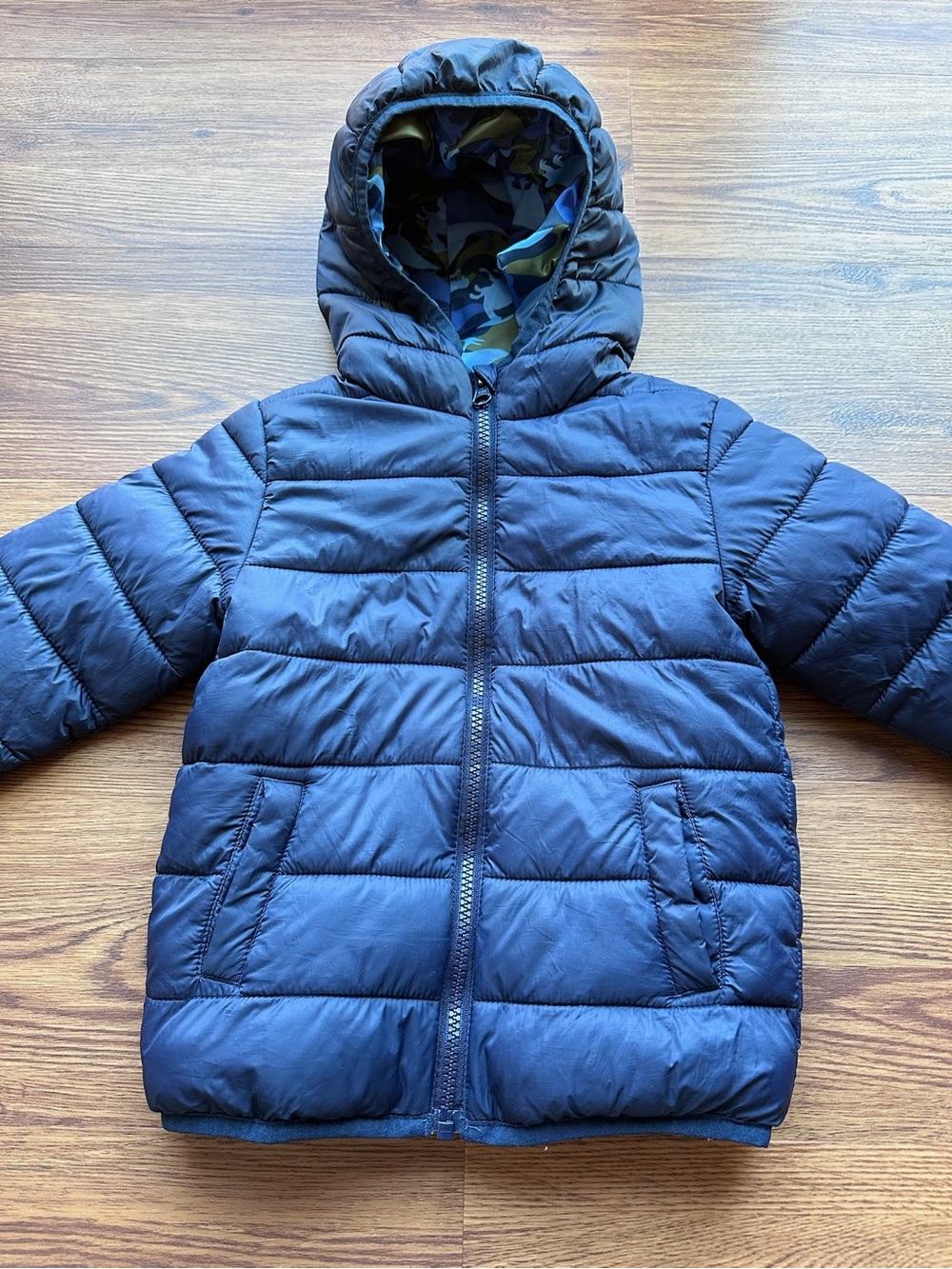 Children's Winter Hooded Navy Puffer Jacket Cozy Quilted Outerwear Dinosaur 3-4